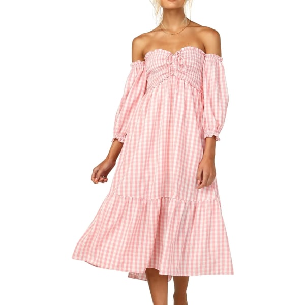 ivimos Sommarklänning för kvinnor Bomull Rutig Puffärm Boho Off-Shoulder Casual Ruffled Flowy Midiklänning Rosa-rutig Stor