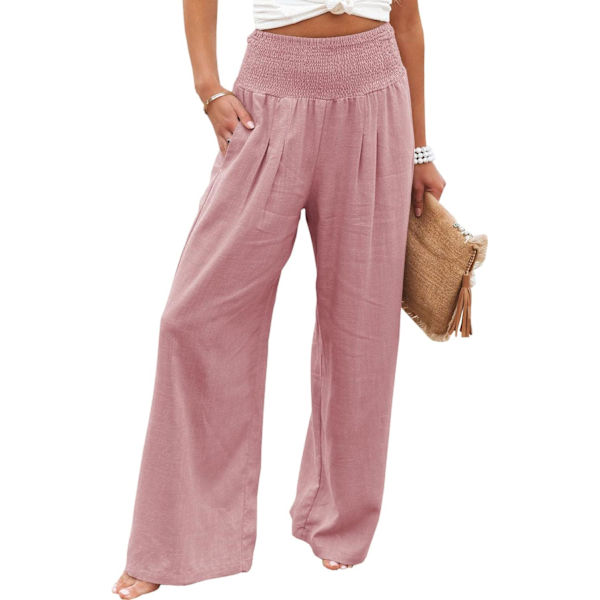 a Women Summer High Waisted Cotton Linen Palazzo Pants Wide Leg Long Lounge Pant Trousers with Pocket Pink Small