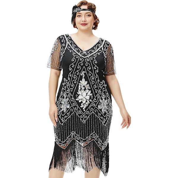 EYOND Plus Size 1920-tals Art Deco Fransad Paljettklänning Flapper Gatsby Kostymklänning för Kvinnor Svart Silver XX-Large Plus