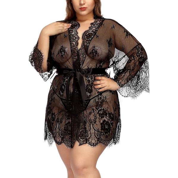 Dam Lingerie Spets Plus Size Kimono Robe Mesh Nattlinne Klänning Set Svart 4X-Large