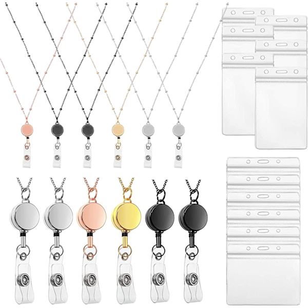 6ets Retractable Badge Reel Lanyard med ID-hållare och rostfritt stål Badge Necklace, 6 Beaded Badge Lanyard Necklace, 6 Vattentät Namnkortshållare