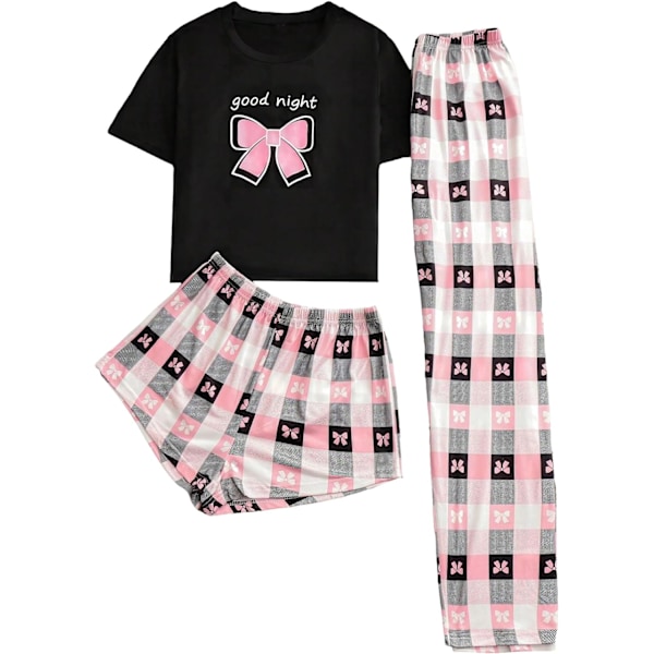 dusa Dam 3-delad rutig pyjamas med t-shirt och shorts, rosa rutig, medium