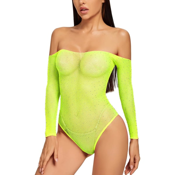 ve Damen Sexy Sparkle Strass Mesh Teddy Fischnetz Dessous Einteiliger Bodysuit Fluorescent Yel