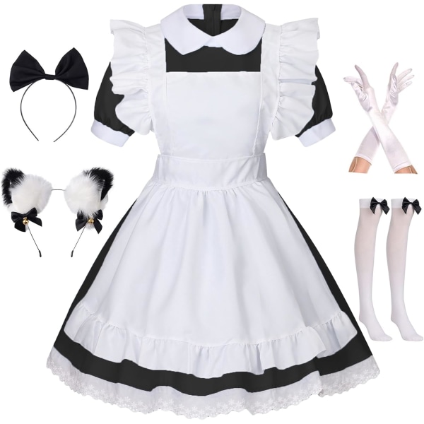JTCIN French Maid Outfit för kvinnor Anime Cosplay Kostym Förkläde Handskar Pannband Strumpor 6 st Set Black X-Large