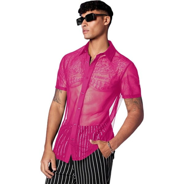 dusa Sheer Mesh Button Up Skjorta för män Se Through Kortärmad Topp Hot Pink Large