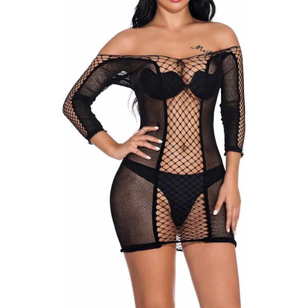 ini Coverup Sexy Look Klänning Kvinnor Sexig Lingerie Spets Temptation Full Slip Babydoll Nattlinne Klänning med Ärmar Svart, B