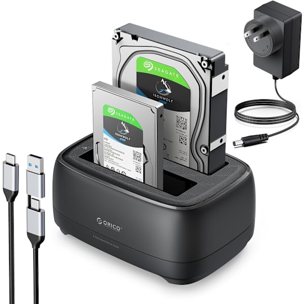 3,5-tums hårddiskkabinett USB 3.2 Gen 1 till SATA-hårddiskdockningsstation för alla standard 2,5\" och 3,5\" HDD/SSD upp till 20 TB med 12V 2A strömförsörjning, verktygsfri och UASP-stöd (DD18C3) 2 fack