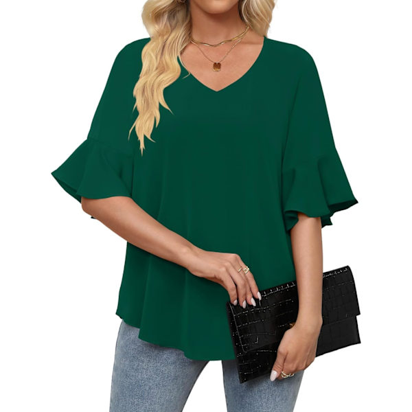 MOON Dam Blusar i Chiffon 3/4 Ärm Skjortor V-Ringning Klockad Ärm Klädd Toppar Mörkgrön Stor