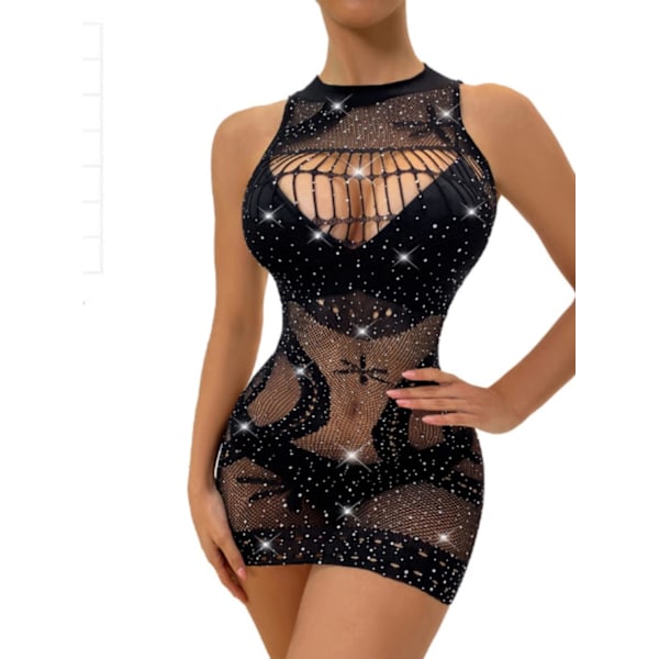 CIMIA Dam Rhinestone Fishnet Babyball Lingerie Spets Miniklänning Cut Out Sheer Negligee Chemise Nattkläder Svart Med Rhin