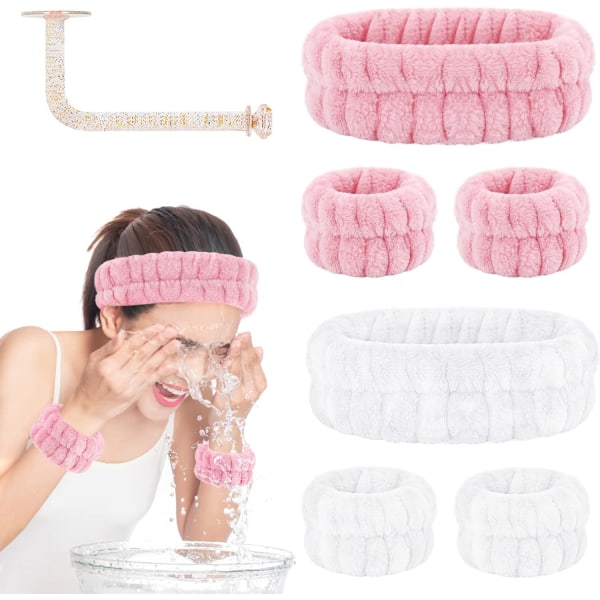 ETIA Face Wash Pannband och armband Set om 2, Handdukar för att tvätta ansiktet med hållare Mikrofiberarmband för Wash Pink och White