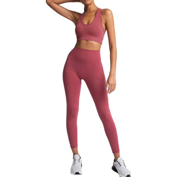 en's träningskläder 2 delar yogasett gymövning sömlösa yogaleggings med sport-bh fitness aktivkläder, röd ( guava) liten
