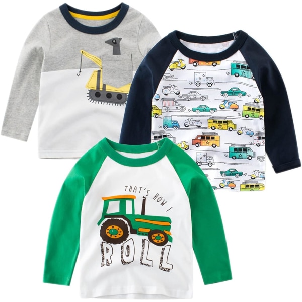 NS Pojk 3-pack långärmad grävmaskin T-shirt 100% bomull basic toppar bil skjorta set-a 3T