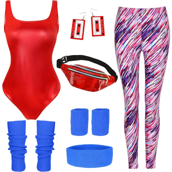 OCI 80-talsoutfit för kvinnor Träningskläder Kostym med 80- set Retro Party Benvärmare Pannband Röd X-Large