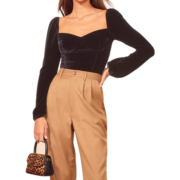 ivimos Dam höst sammet långa ärmar fyrkantig urringning casual vintage korta toppar blus svart X-Large