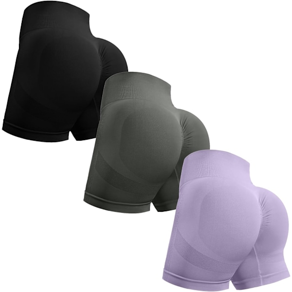 ORT 3-pack träningsshorts för kvinnor sömlösa Scrunch Butt Lifting High Waisted Yoga Gym Booty Running Short Pants Svart/Mörkgrå/Lila Medium