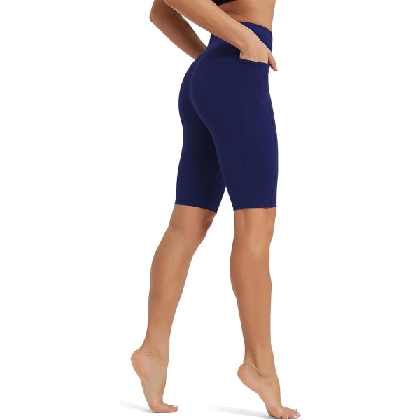 es Damshorts 10" träningsyogashorts med fickor Atletiska shorts med hög midja, löparbikershorts（007） Marinblå Large