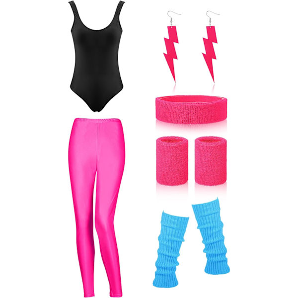 INIOR Dam 80-talets 90-talets Träning Kostym Outfit Tillbehör Set Benvärmare Hårband Armband Örhängen Baddräkt Suit Rose Red, Svart X-Large