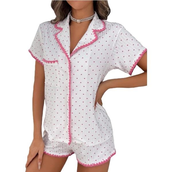 dusa Dam 2-delad knapp fram kortärmad topp och korta pyjamas set vit och rosa medium