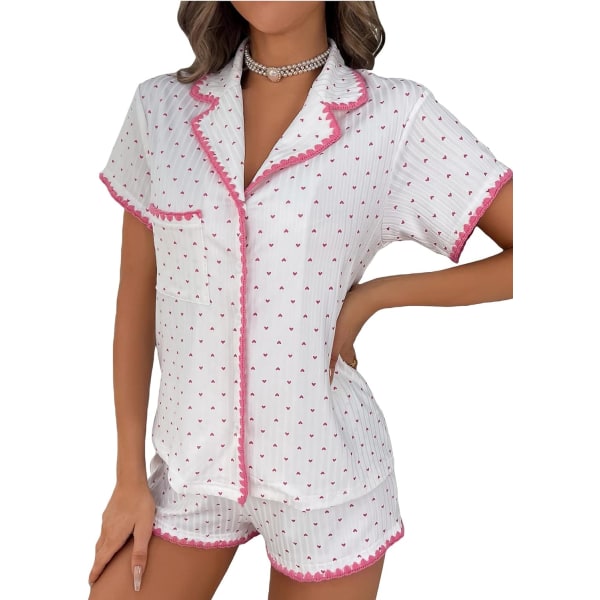 dusa dam 2-delad knapp framtill kortärmad topp och kort nattkläder Pyjamasset Vita och rosa små