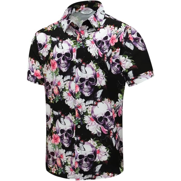 cki Hawaiiskjorta för män, Unisex Summer Beach Casual Kortärmade Button Down-skjortor, printed Palmskugga Kläder Skalle Rosa Liten