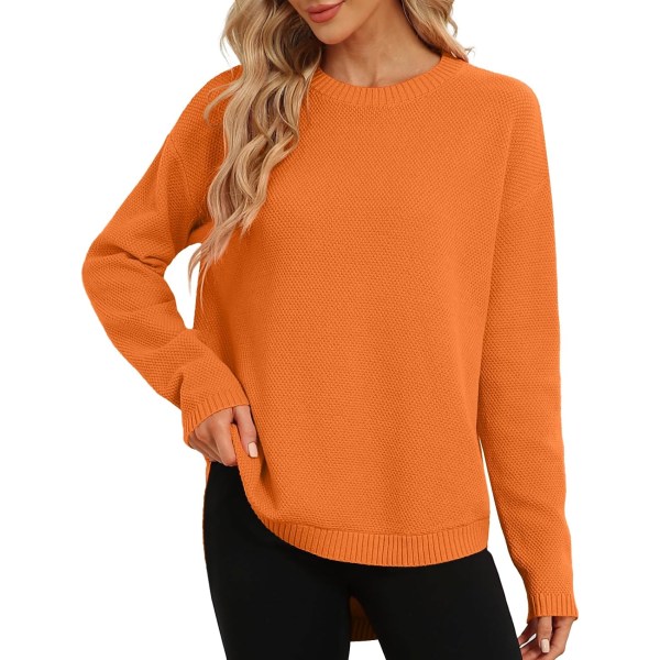 MOON, rund hals, långärmad, stickad tröja för kvinnor, lös passform, mjuk solid tröja, orange XX-stor