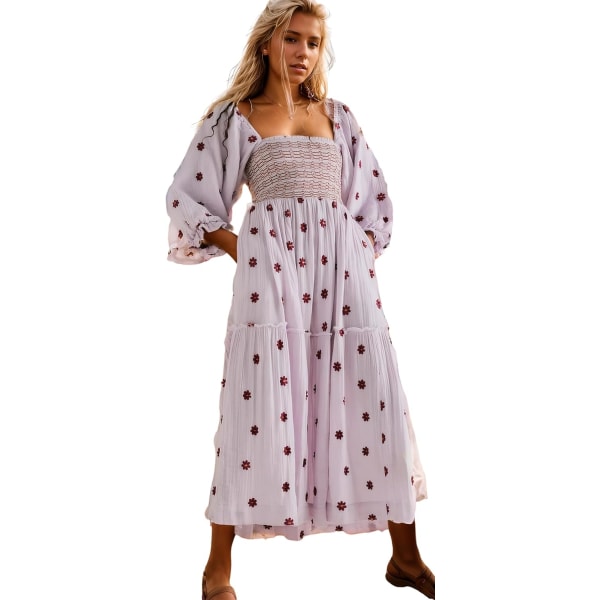 ivimos Dam långärmad bomull Boho Midiklänning Vintage fyrkantig hals Blommig broderad Tiered Ruffle Flowy fickor Dre Ljuslila Liten