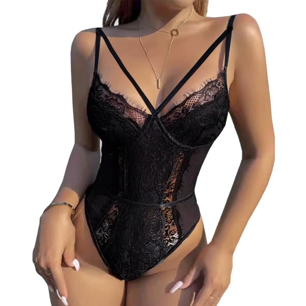 tifo Dam Sexy Body Lingerie One Piece Babydoll V-hals Teddy Snap Crotch Svart Liten