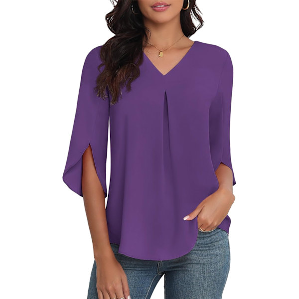 LASI Dam Sommar Chiffon Blusar 3/4 Ärm V-Ringning Casual Lös Arbete Toppar för Leggings 2024 Flowy Dressy T-shirts Lila X-Large