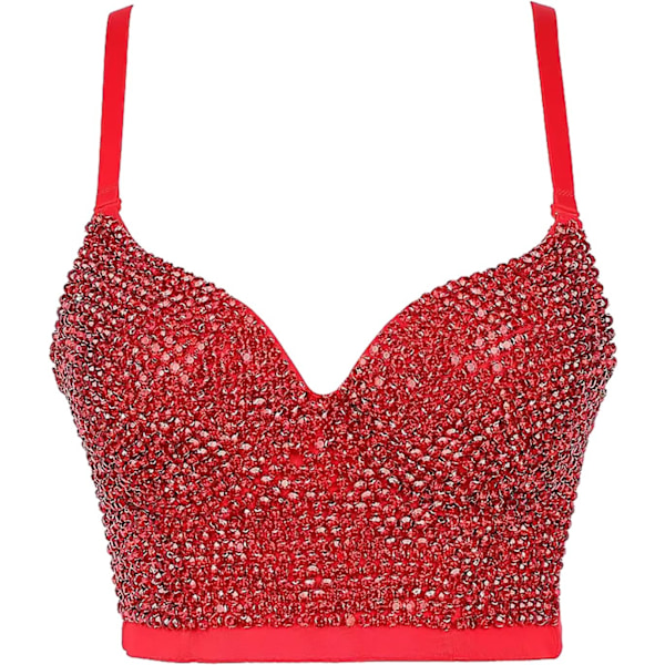 HO Dam Bustier Crop Top Mesh Korsett Topp Push up Rhinestone Diamond BH Club Fest Väst Röd-38c