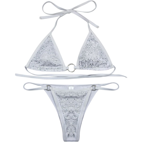 en's Sexy Sparkly Rhinestone Triangle Bikini 2-delad O-ring Tie Back String String Strings Baddräkt Vit Medium