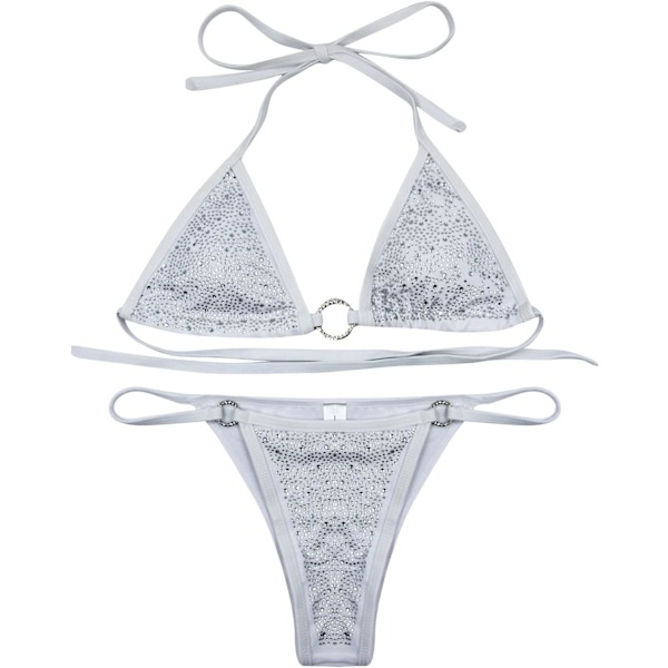 en's Sexy Sparkly Rhinestone Triangle Bikini 2 Piece O Ring Tie Back String Thong Swimsuit White Large