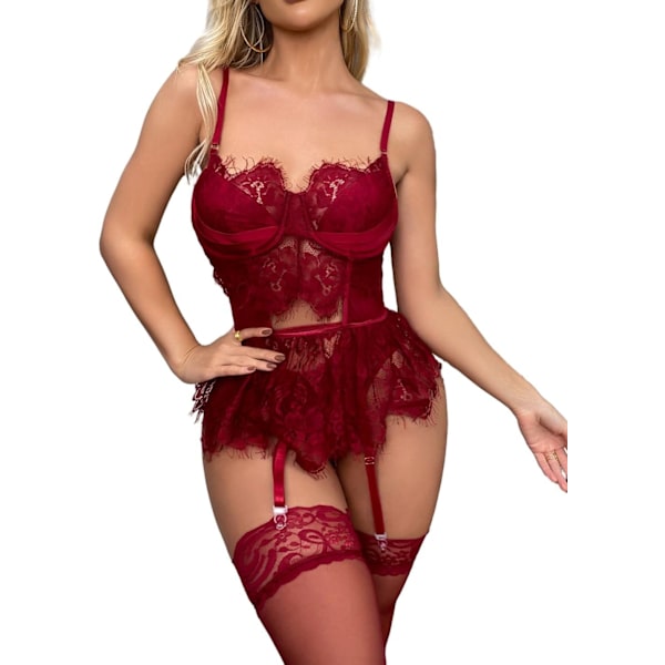 osy Sexig Blommig Mesh Spets Blad Kors Garter Bodysuit Push Up Mesh Sheer Babydoll Lingerie Strumpa Eyelas Medium