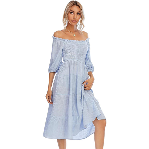 ivimos Dam Sommar Bomull Lykta Ärmar Volang Off Shoulder A-Linje Midi Klänningar Skyblue X-Large