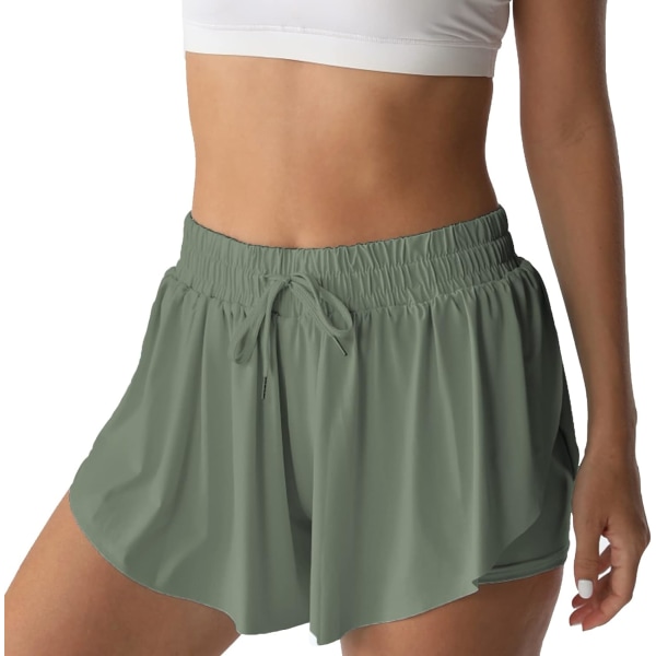 Atletiska shorts för kvinnor löpning tennis Butterfly shorts flickor 2-i-1 dubbellager snabbtorkande bekväma shorts olivgrön liten