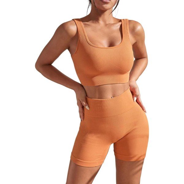 CIW Träningsset för kvinnor 2 delar, sömlösa, ribbade shorts med hög midja med linne Sport BH Yoga Outfits Orange Liten