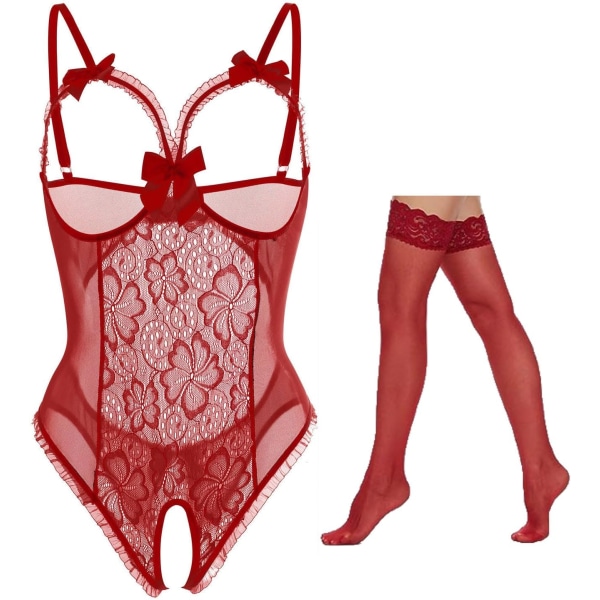 ureLove Damkläder Sexig Lingerie Öppen Kup Crotchless En-delad Teddy Lace Nattlinne A-vin Röd-2+st Stor