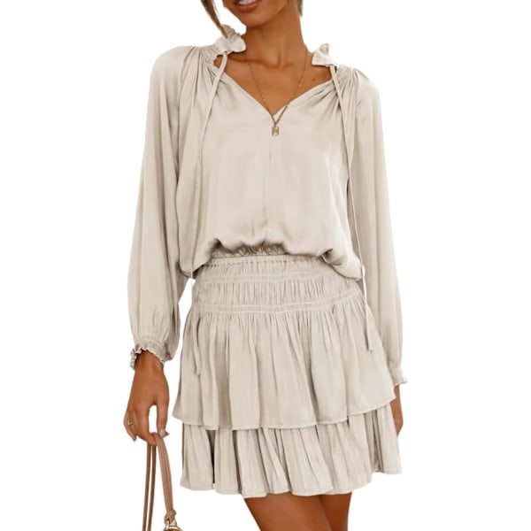 ivimos Dam bomull långärmad V-ringad lagerruffles plisserad swing miniklänning beige medium