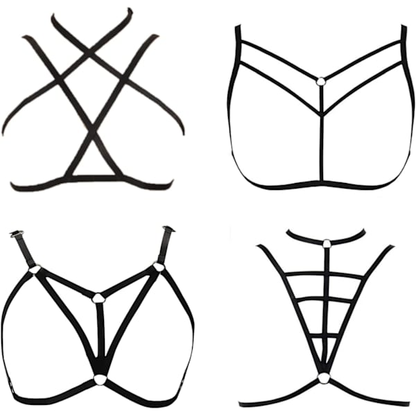 E4COOL Kvinnors Elastisk Cuplös Bur-BH Justerbar Utskuren Remmad Crop Top Sexig Rembälte Svart Set