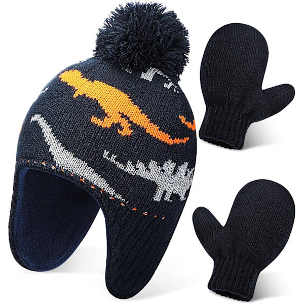 y Stickad Vintermössa och Handskar Set, Stickad Snöfodrad Mössa och Handskar för 1-2 Åriga Flickor Pojkar