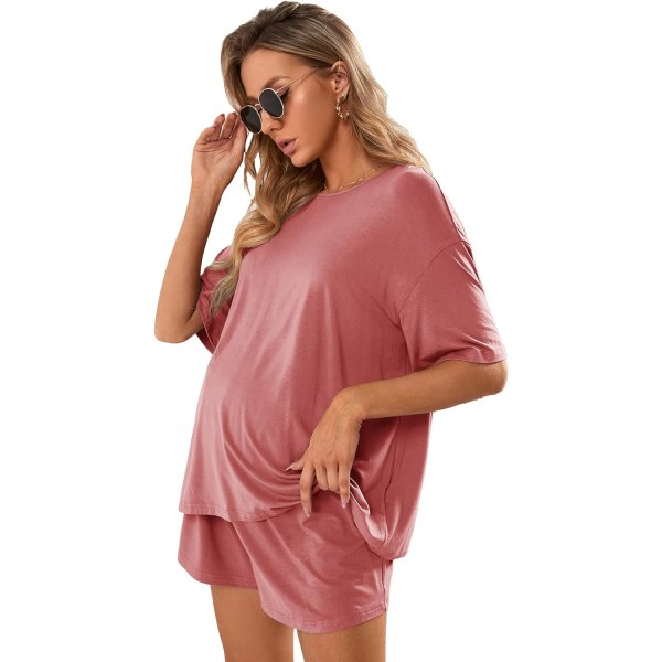 dusa Dam Maternity Pyjamas Set 2-delat Drop Shoulder Top och Korta Lounge Set Rosa X-Large