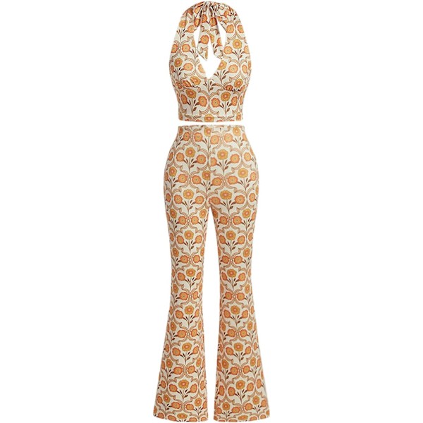 dusa Dam 2-delat 70-tals outfit Boho Halterneck V-ringad kort topp och vida byxor set Gul Liten
