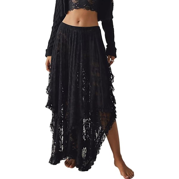 ivimos Dam Spets Långa Kjolar Sommar Elastisk Asymmetrisk Skiktad Fåll Sexig Genomskinlig Strand Blommiga Maxi Kjolar Svart X-Large