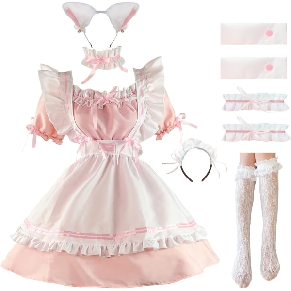 ANEK Maid Outfit Anime Cosplay Lolita Maid Dress French Maid Costume Plysch kattöra Strumpor set Rosa XX-Large