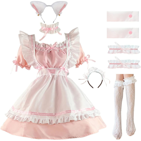 ANEK Maid Outfit Anime Cosplay Lolita Maid Klänning Fransk Piga Kostym Plysch kattöron Strumpor set Rosa Liten