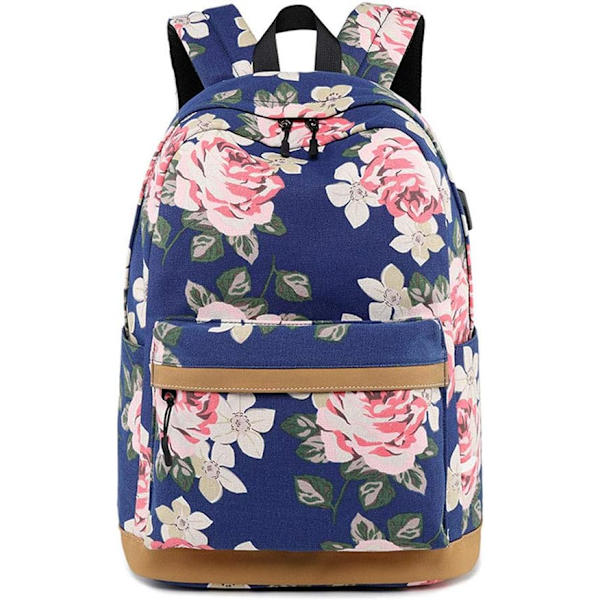 flow Fashion Skolryggsäck för Högskolestudenter Bokväska Axelväska Dam Daypack (Lily Flower) Blå Blommig