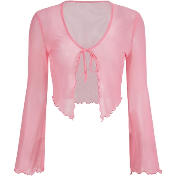 dusa Dam Sheer Shrug Crop Top Långärmad Tie Front Lettuce Trim Mesh Open Cardigan Top Rosa X-Small
