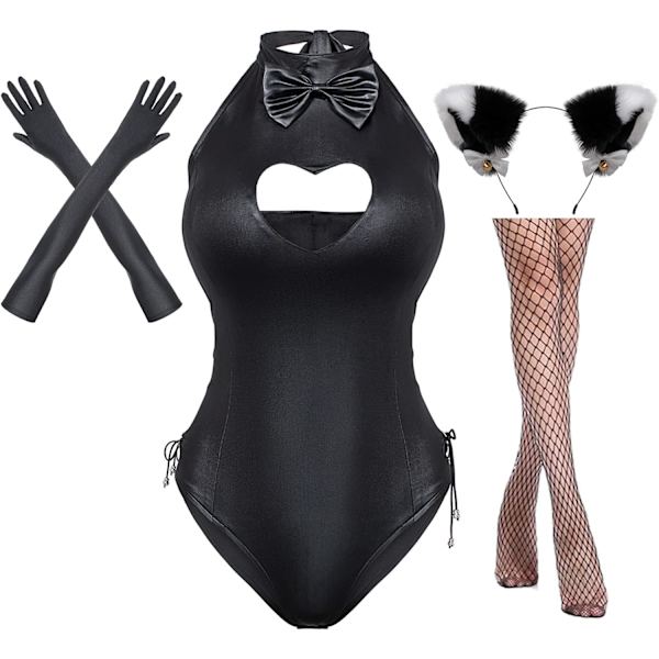 ens Button Crotch Romper Onesie Bodysuit Cosplay Kostym Päls Katt Öra Handskar Strumpor Set Svart Stor