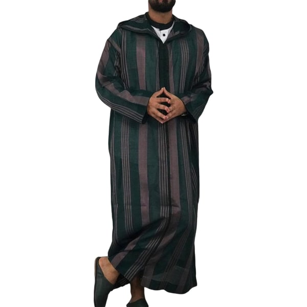 MVA Muslimsklänningar för män Långärmade Randiga Henley-skjortor Kaftan Muslim långklänning Thobe Robe för män Randig huva 4X-Large