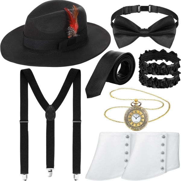 's Roaring 1920s Set Black Fedora Hat Y Back Kostym Hängslen Armband Herr fluga och hängslen Set Fick Watch Spats,