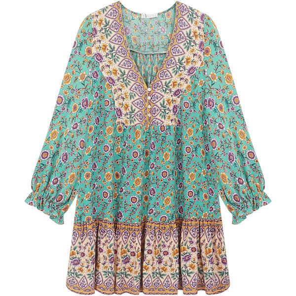 ivimos Dam Sommar Bomull Långärmad Casual Boho V-ringning Knappar Blommig Tryck Mini Tunika Klänning Grön Medium